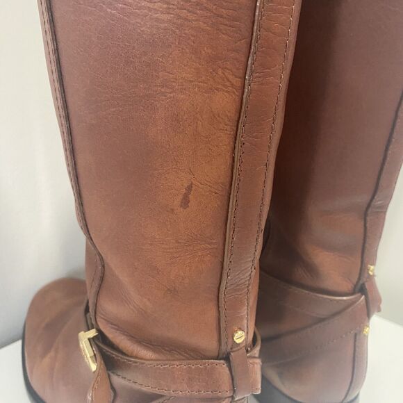 TORY BURCH BRITA Brown Leather Riding Boots 7.5 Gold Logo Tall Knee High Womens - Picture 12 of 16